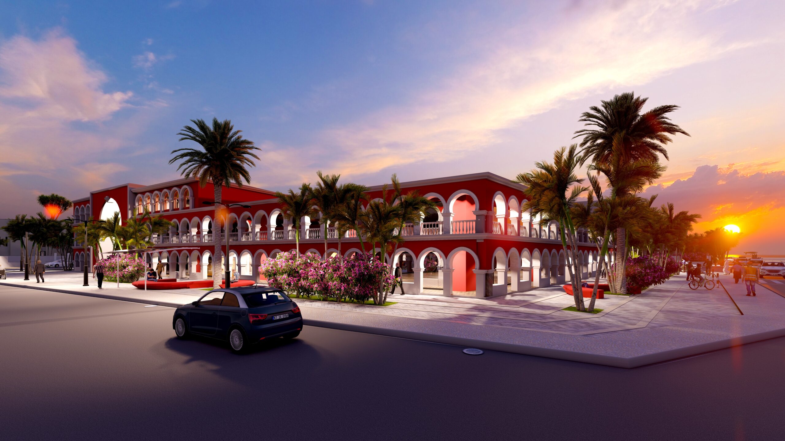 Vue 3D du projet immobilier Djiboutiana à Djibouti, mettant en valeur une architecture élégante avec arches et palmiers au coucher du soleil.