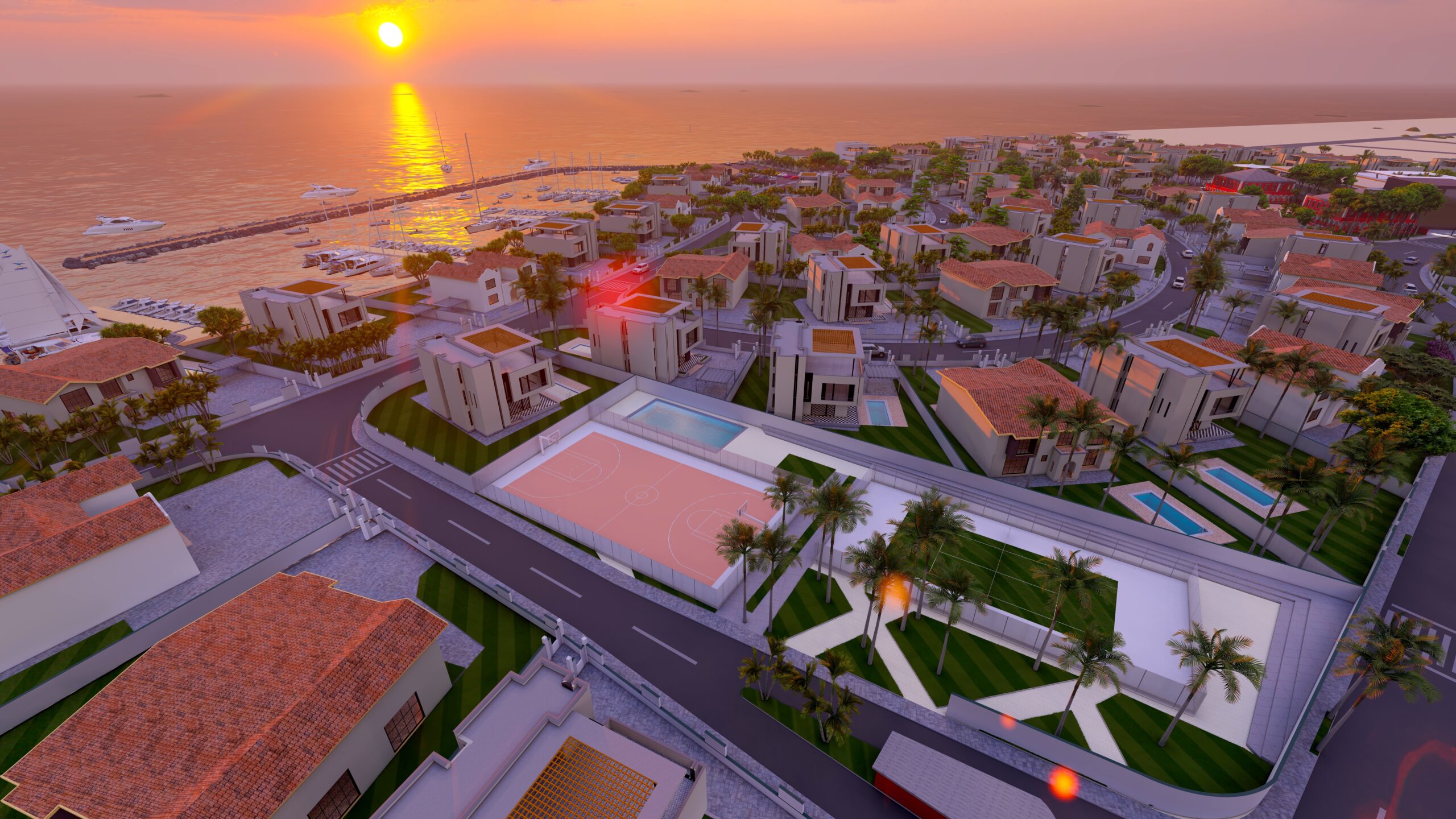 Vue aérienne du complexe sportif de Djiboutiana, un quartier résidentiel de luxe à Djibouti, avec terrains de basket et piscine, sur fond de coucher de soleil et marina privée.