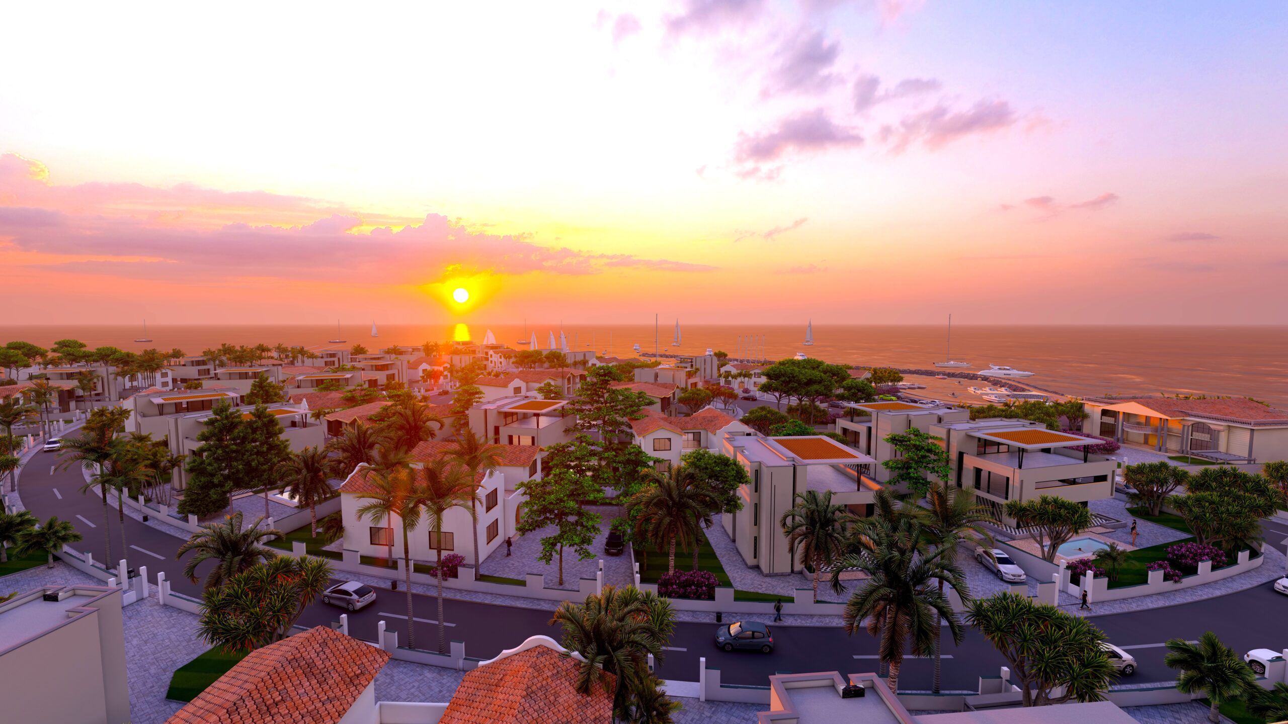 Vue immersive du projet immobilier Djiboutiana à Djibouti, avec des villas modernes, des rues bordées de palmiers et une marina élégante en bord de mer, sublimée par un magnifique coucher de soleil.