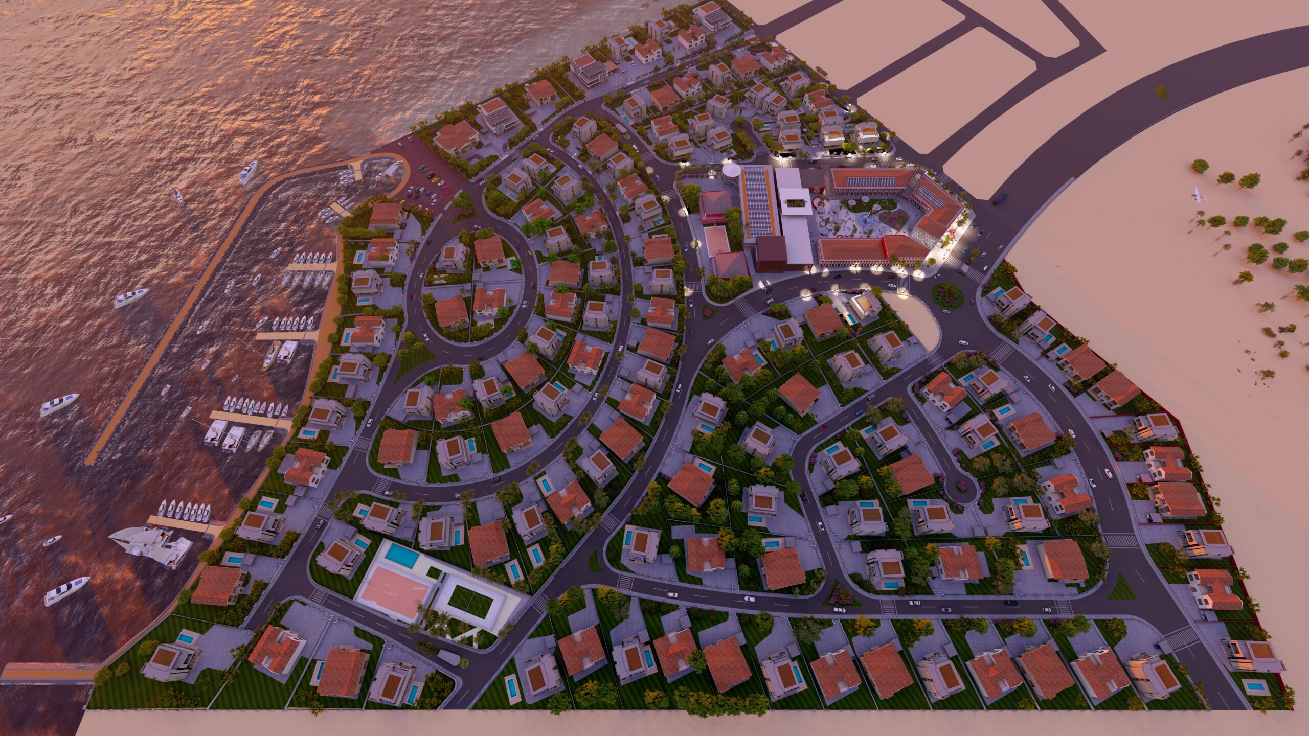Vue aérienne du quartier résidentiel Djiboutiana, à Djibouti, illuminé à la tombée de la nuit, avec des villas modernes, une marina privée et un cadre de vie d’exception en bord de mer.