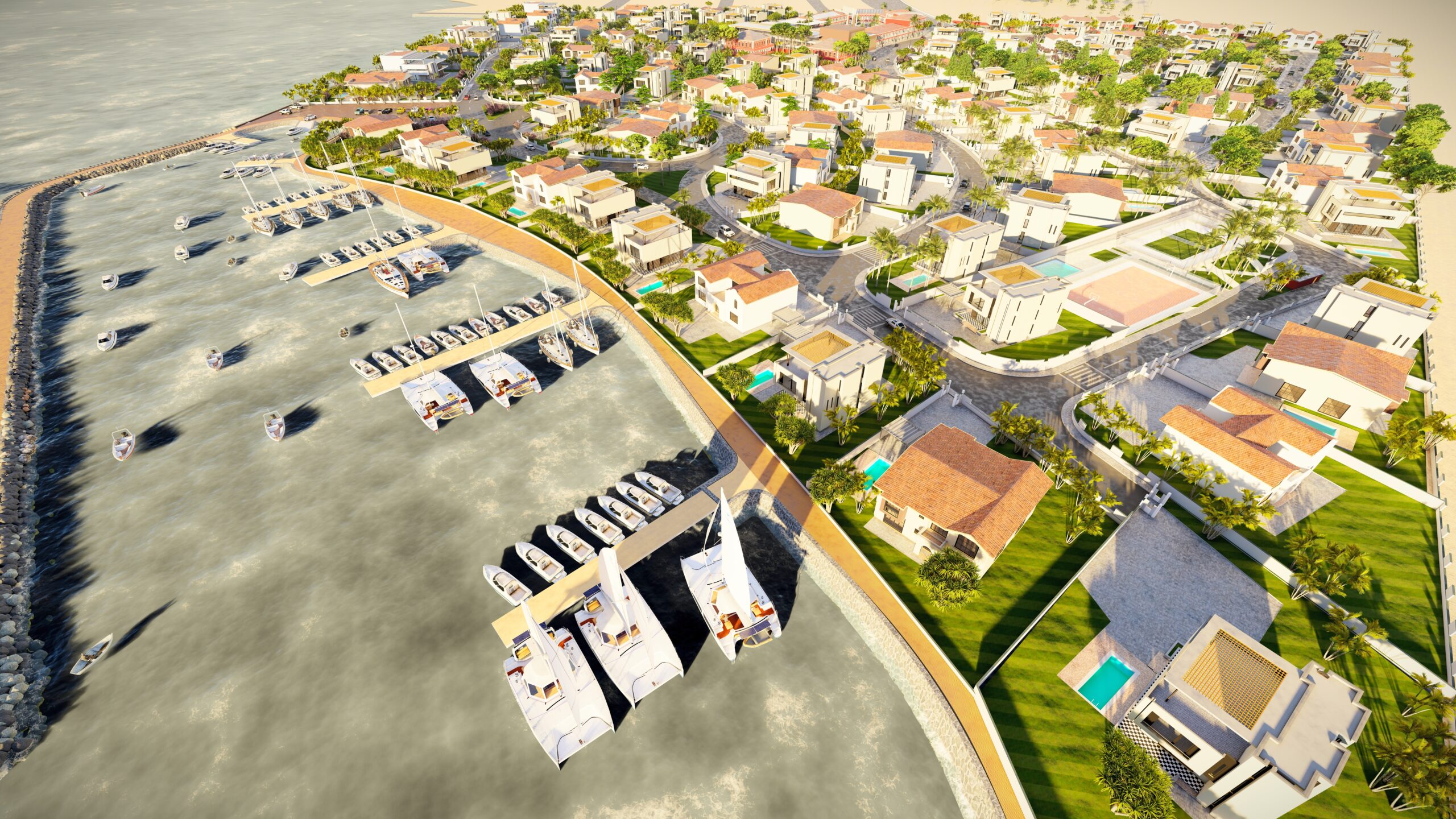 Vue aérienne de Djiboutiana Marina, une marina moderne à Djibouti avec des quais pour yachts, des villas de luxe avec piscines et un cadre de vie exclusif en bord de mer.