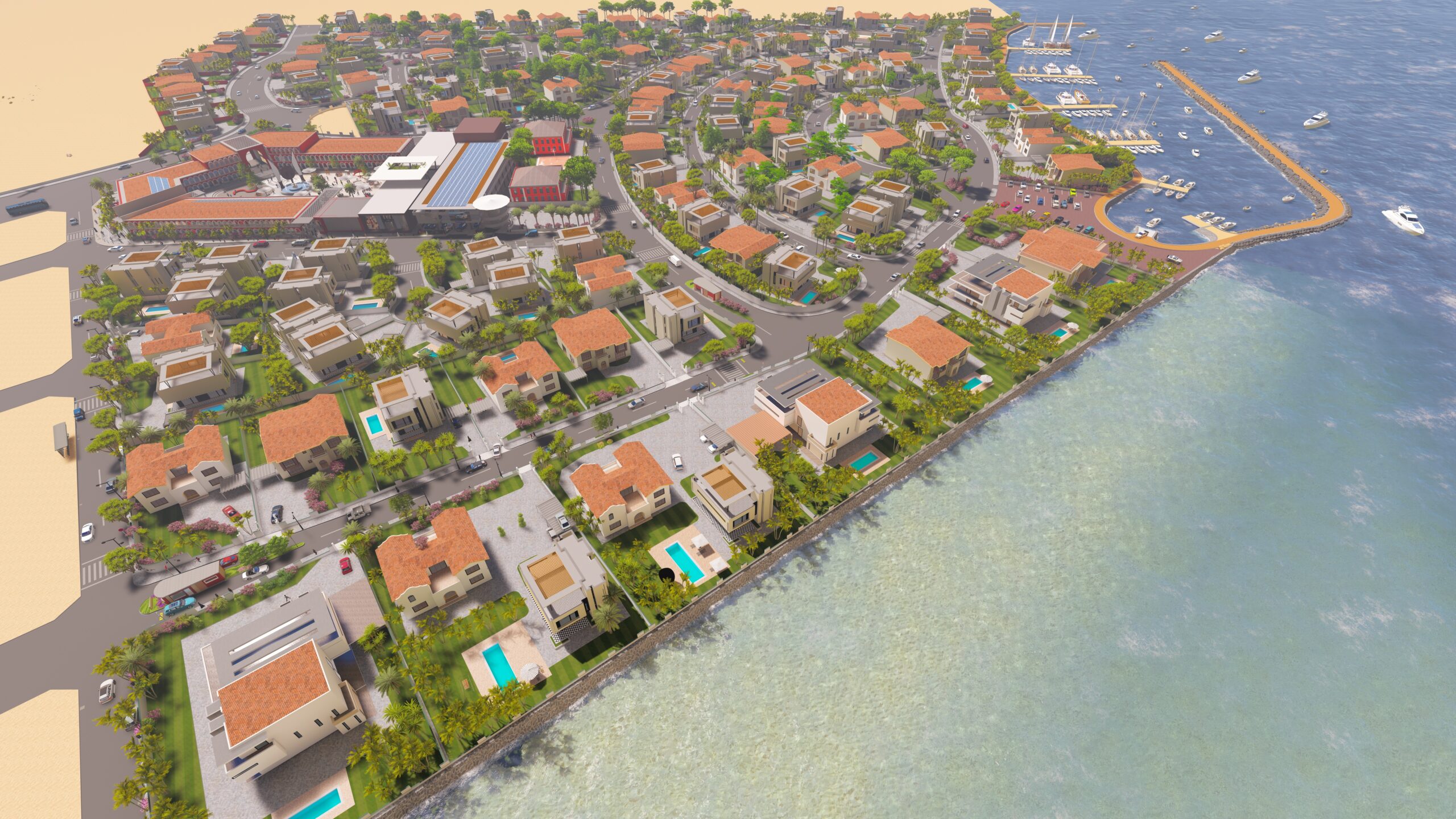 Vue aérienne du futur projet Djiboutiana Marina, un complexe résidentiel haut de gamme en bord de mer avec une marina privée, des villas avec piscines et un centre commercial.