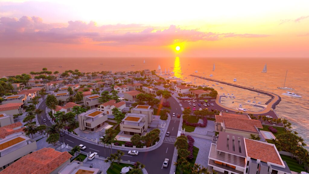 Vue aérienne d’un projet immobilier haut de gamme à Djibouti, avec des villas modernes, des rues paysagées, une marina et un coucher de soleil sur l’océan.