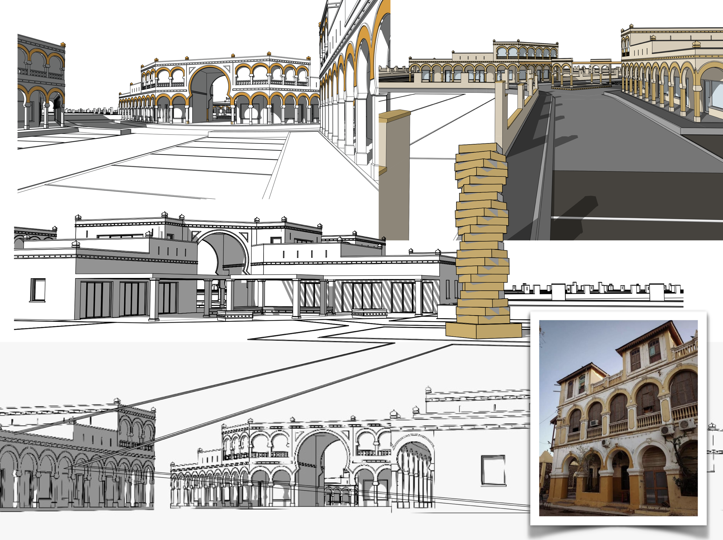 Illustrations architecturales d’un projet inspiré du style arabo-mauresque, avec des arcades, une place et un bâtiment de référence à Djibouti.