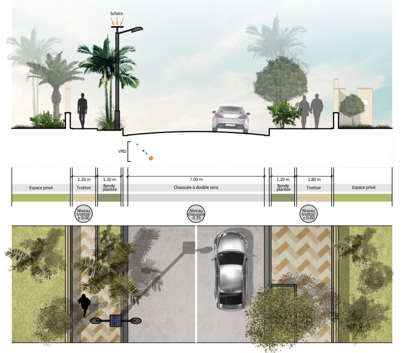 Plan d’aménagement du quartier Djiboutiana à Djibouti, avec une chaussée à double sens, des trottoirs, des bandes plantées et un éclairage solaire.